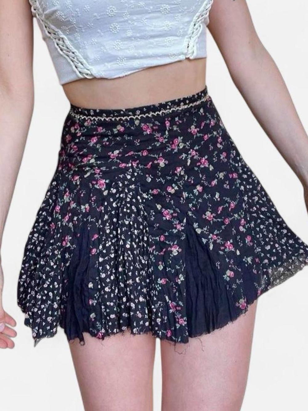 FP One Free People black floral cotton gauzy mini skirt